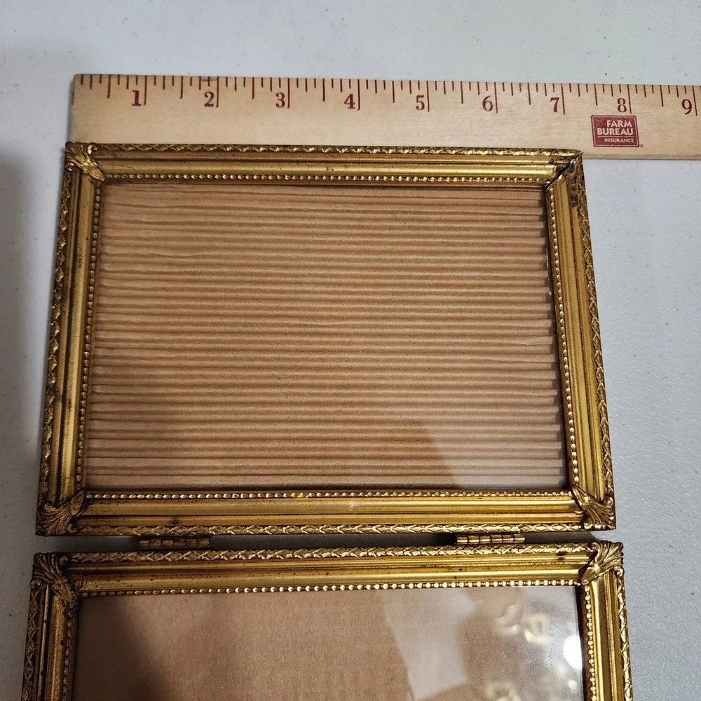 Vintage Gold Tone Metal Double Folding Picture Frame 5x7 Hinged Beaded Trim